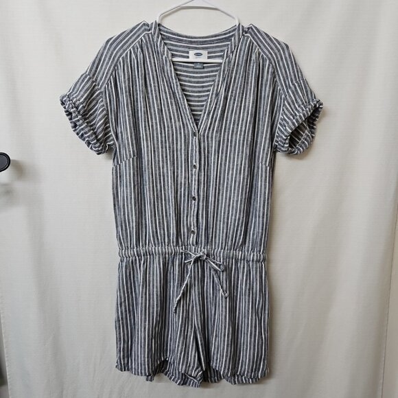 Womens Sz Med Old Navy Stripe Linen Blend Romper Shorts Vacation Nautical Beach - Picture 1 of 8